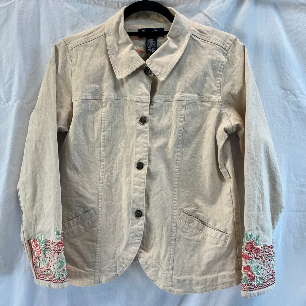 Denim & Co. Beige Jacket Women‎ Small Floral Embroidered Cuffs Cozy Cotton Blend